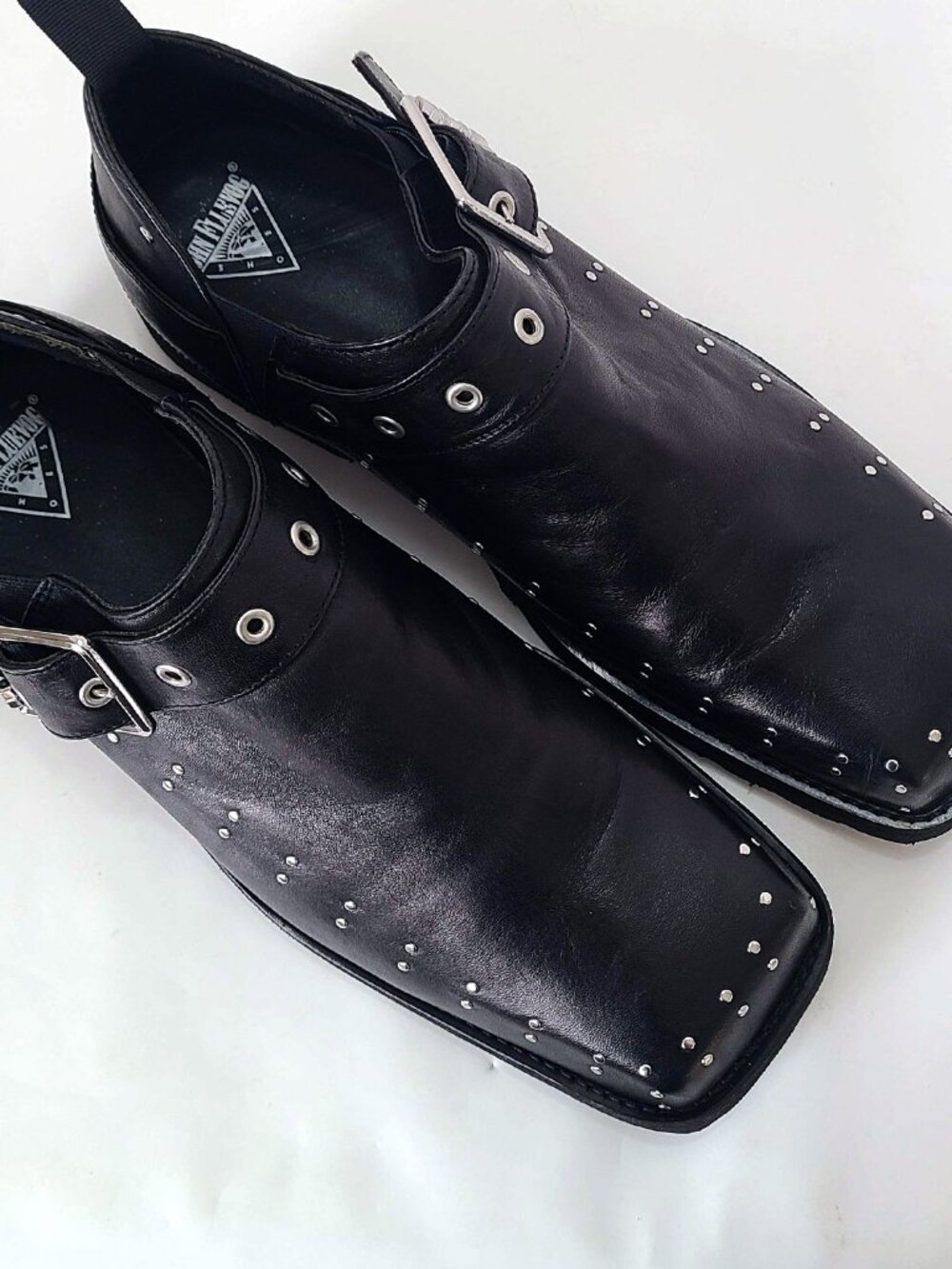 John Fluevog Carlton MK1 Foyt Black Studded Leather Boots Square Toe Sz 13 - Picture 3 of 10